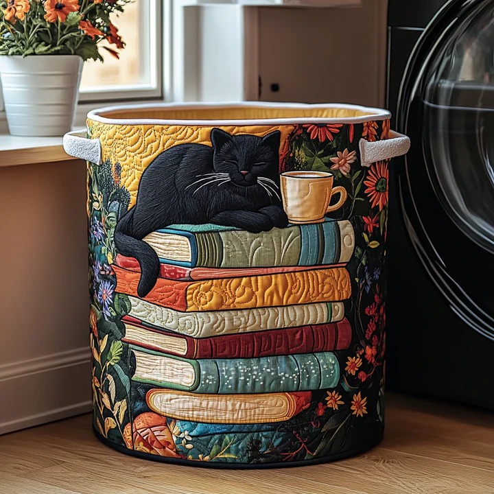 Mosaic Cat Quilted Laundry Basket Colorful Boho Patchwork Cat Home Decor Gift For Cat Lovers