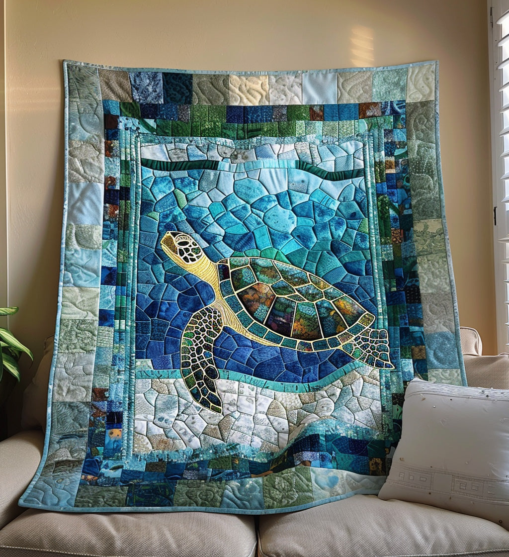 Mosaic Marine Life Quilted Blanket Bed Room Art Unique Sea Turtle Gifts