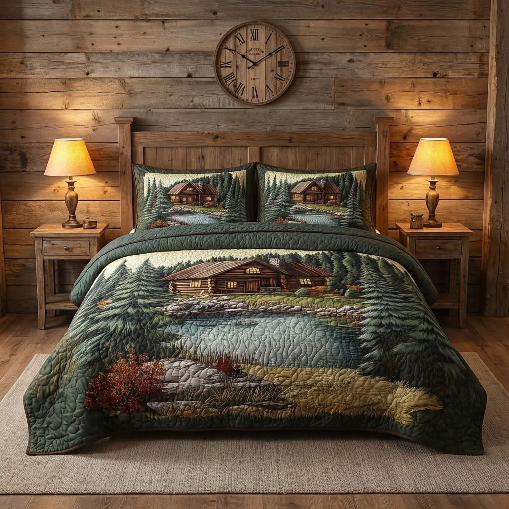 Mountain Log Cabin Quilted Bedding Set Rustic Bedroom Decor Best Father's Day Gifts