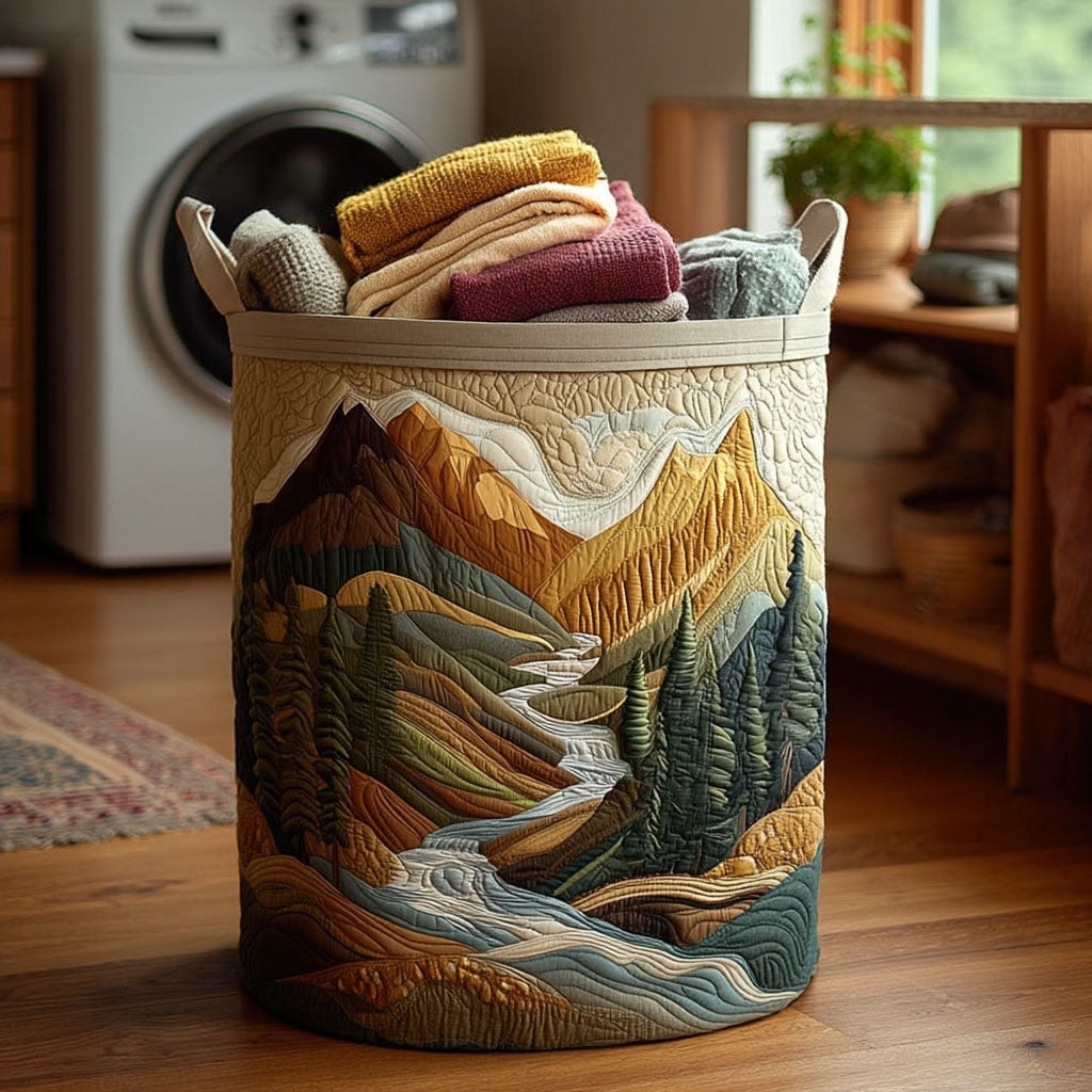 Mountain Trail Quilted Laundry Basket Portable Quilted Hamper for Easy Carrying and Storage