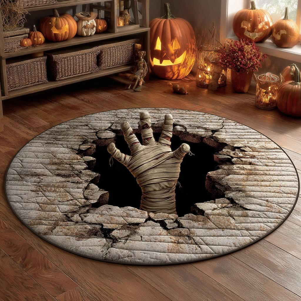 Mummy Creepy Hand Halloween Quilted Round Mat 3D Mummy Hand Breaking Through Floor Mat