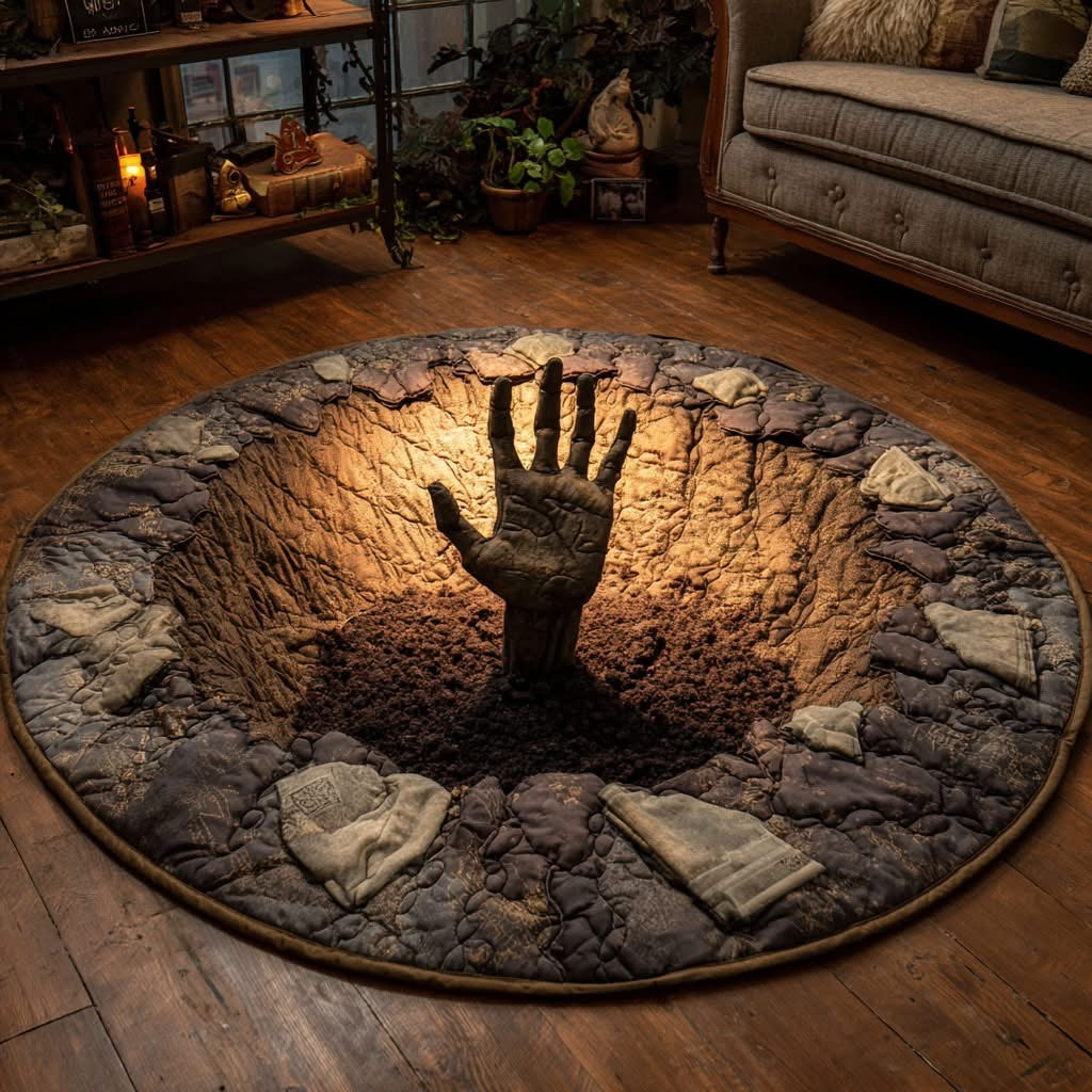 Mummy Grave Hand Halloween Quilted Round Mat 3D Mummy Coffin Breakout Through Floor Mat