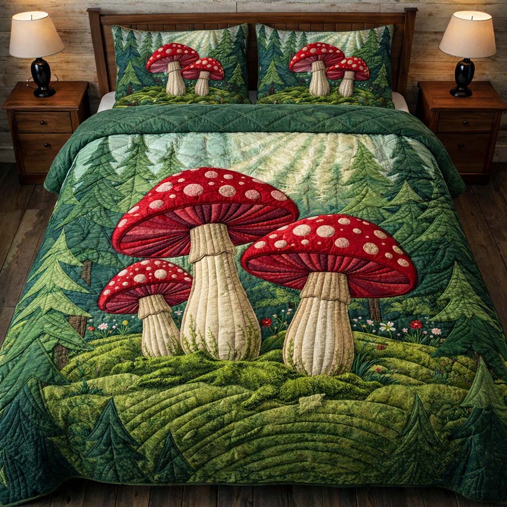 Mushroom Hills Quilted Bedding Set Fantasy Cottage Bedroom Decor Gift For Nature Lovers