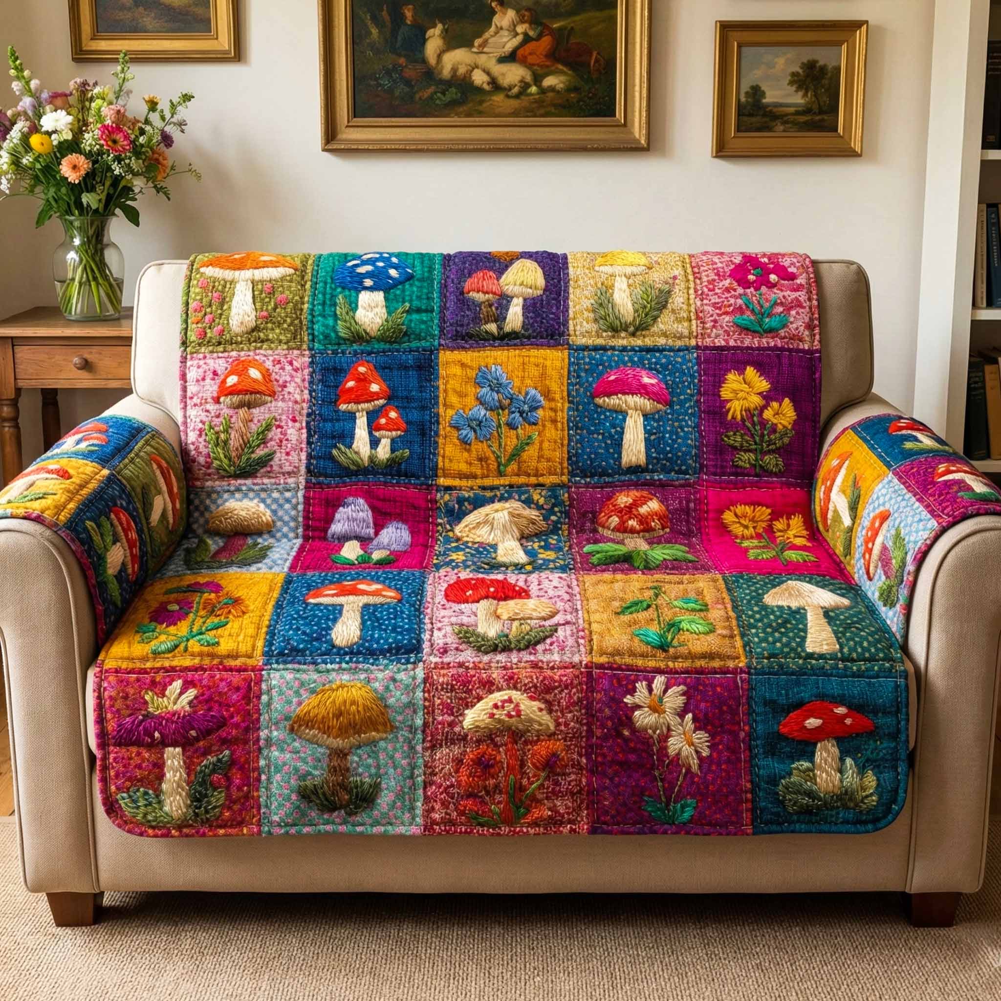 Mushroom Patch Quilted Sofa Cover Best Couch Slipcovers Special Gifts For Him Her