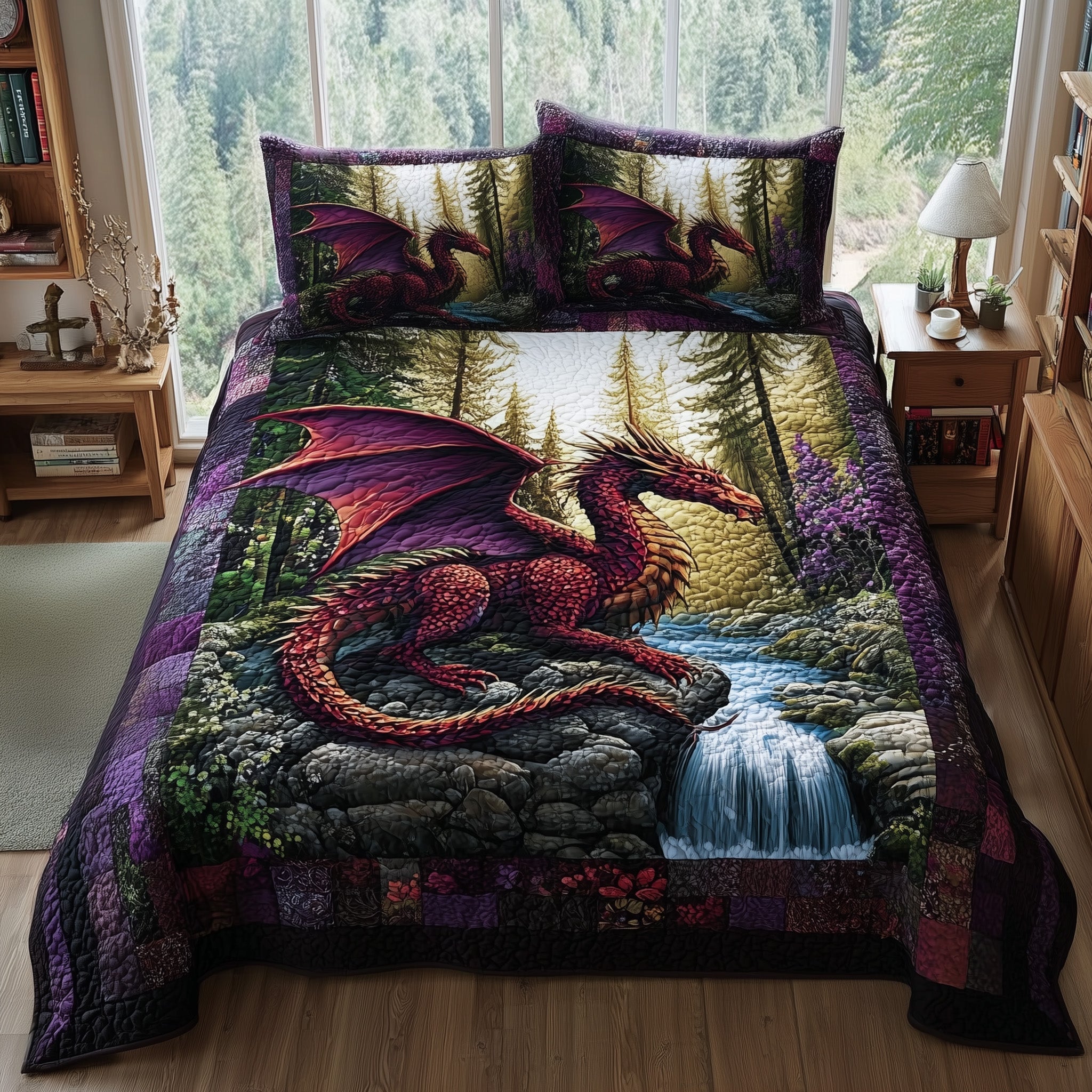 Mystic Dragon Quilted Bedding Set Fantasy Bedroom Decor Best Gift For Dragon Lovers