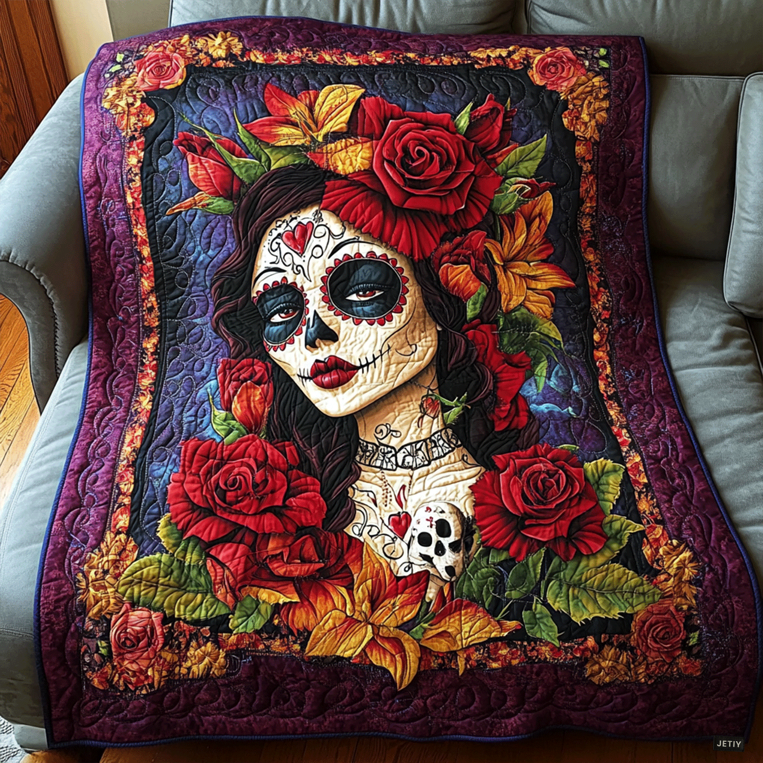 Mystical Floral Skull Quilted Blanket Comforter And Sheet Sets Father's Day Special Gifts For Dad