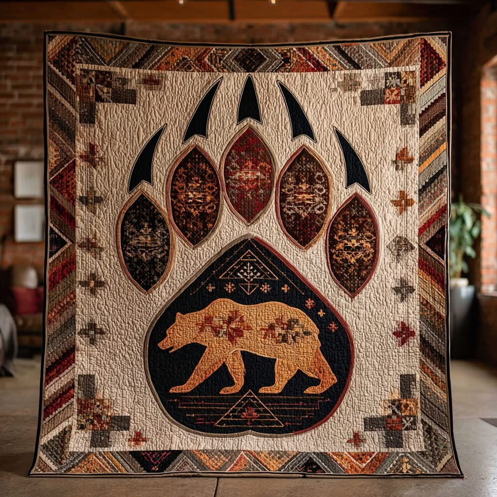 Native Bear Paw Strength Quilted Blanket Native American Merchandise Bear Themed Gift Items