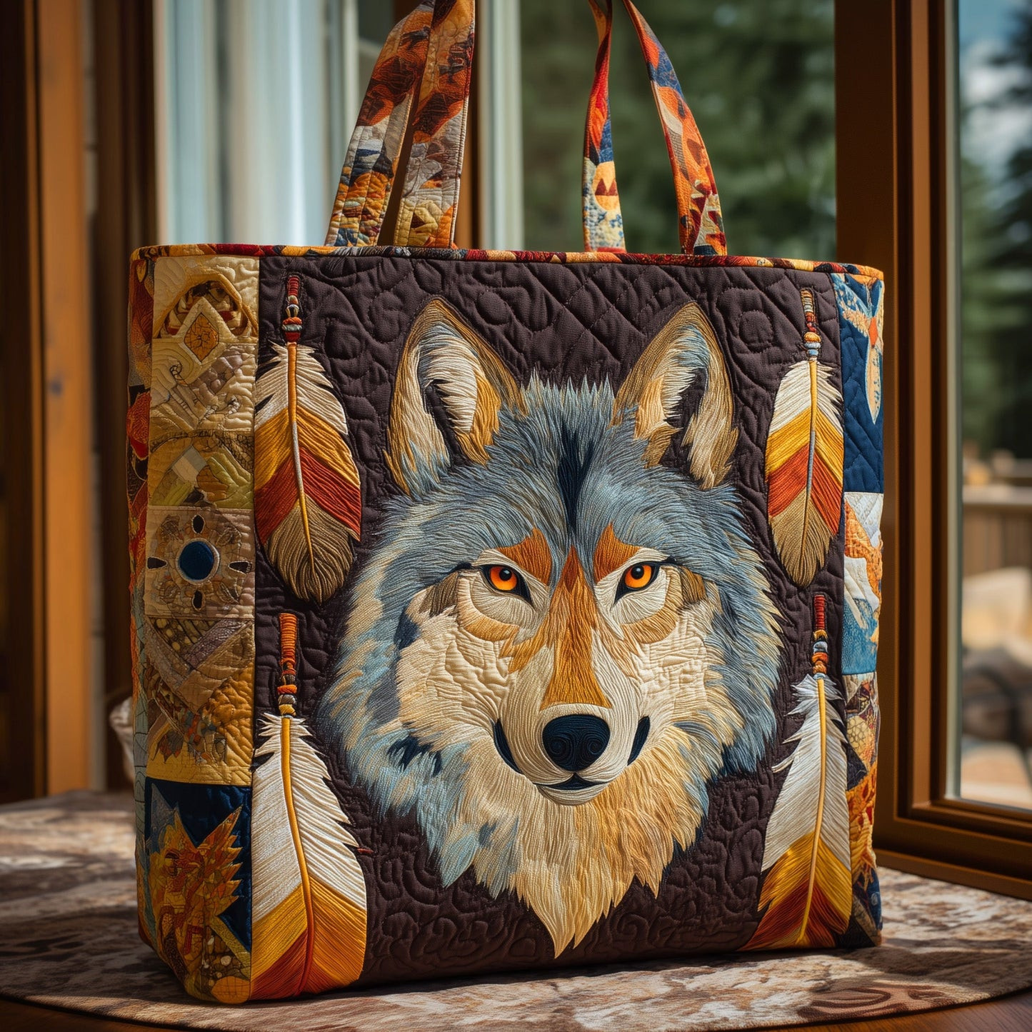 Native Wolf Quilted Tote Bag Wildlife Indigenous Art Shopping Bag Best Gift