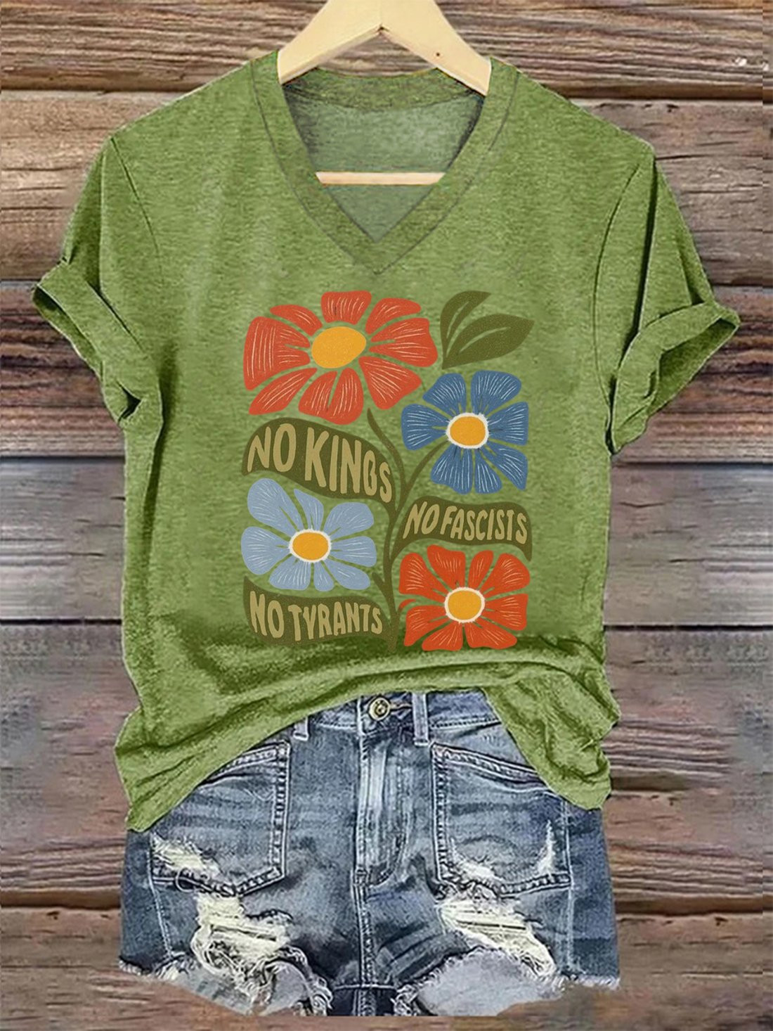 No Kings No Fascists No Tyrants Floral V-Neck T-Shirt Political Protest Gift For Supporters