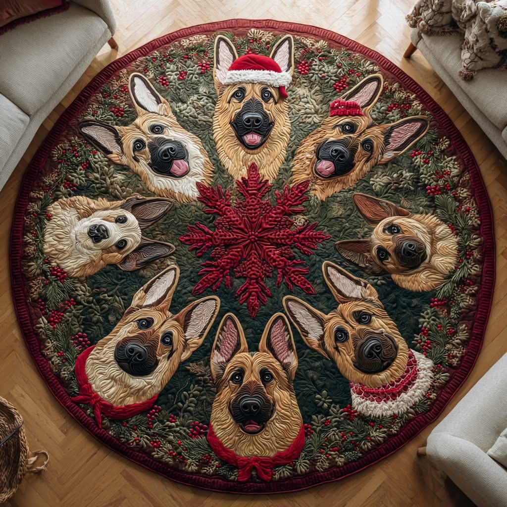 Noel German Shepherd Christmas Quilted Round Mat Cute Xmas Design Gifts For Dog Lovers.