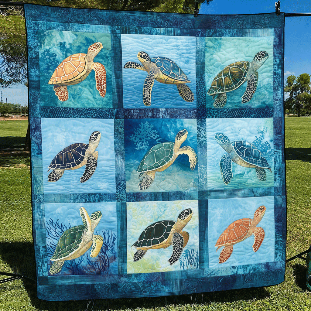 Ocean Harmony Quilted Blanket Bed Decor Turtle Present Ideas