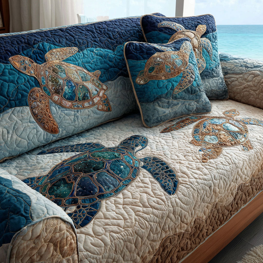 Ocean Mosaic Quilted Sofa Cover Living Room Decor Sea Turtle Themed Gifts