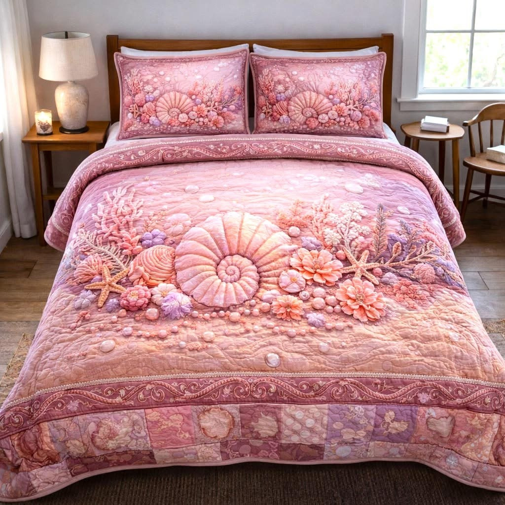 Ocean Pearls Quilted Bedding Set Coastal Themed Bed Sheet Set Best Mother's Day Gifts