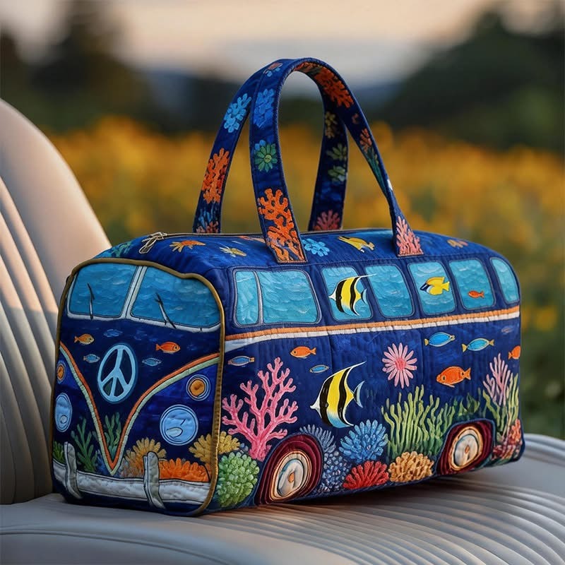 Ocean Themed Hippie Van Quilted Duffle Bag Peace Sign And Fish Travel Bag Gift For Men