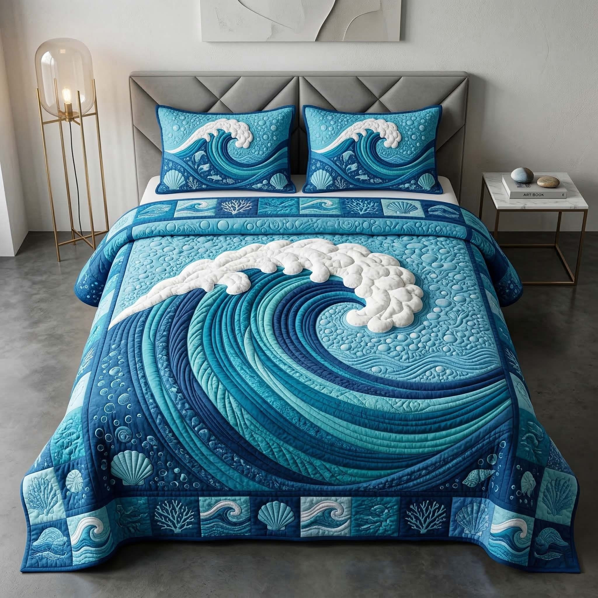 Ocean Wave Quilted Bedding Set Bedroom Decor Ideas Father's Day Gifts For Husband