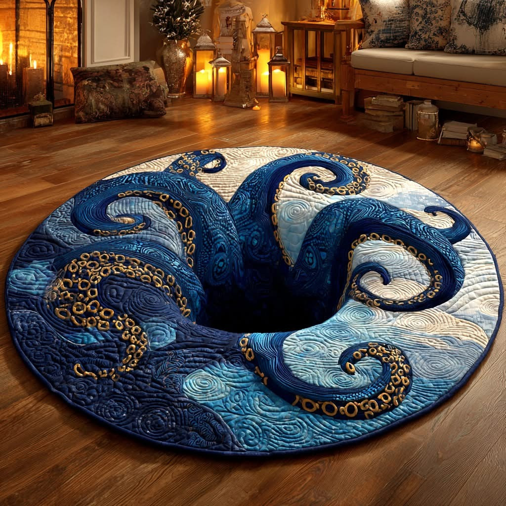 Octopus Abyss Tentacles Quilted Round Mat Whirl Hole Area Circle Rug Decorations