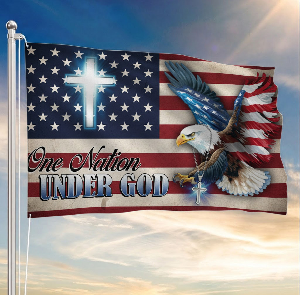 One Nation Under God America Flag Christian Cross Eagle Patriotic Banner Gift For Dad