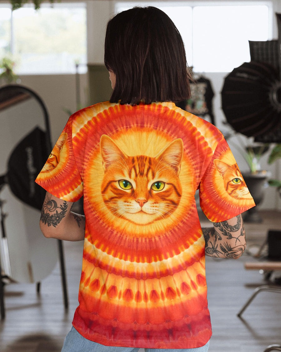 Orange Tabby Cat Face Tie Dye Shirt Solar Cat Energy T-Shirt Women's Hippie Clothing - Image 2