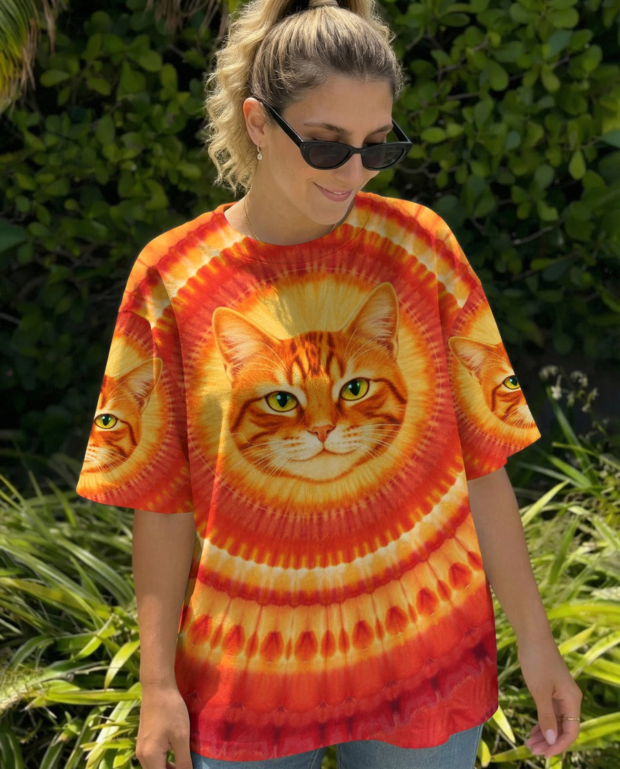 Orange Tabby Cat Face Tie Dye Shirt Solar Cat Energy T-Shirt Women's Hippie Clothing