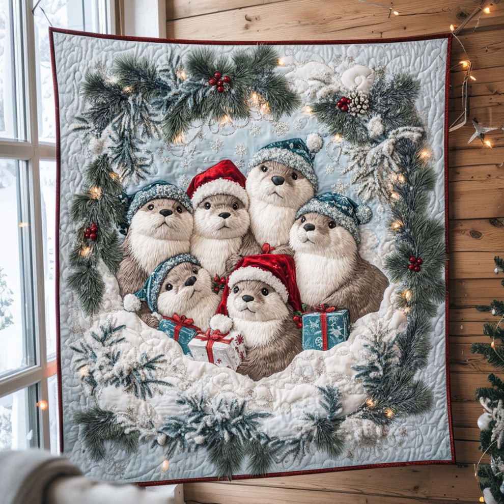 Otters Santa Quilt Blanket Cute Animal Winter Holiday Merch Christmas Gifts
