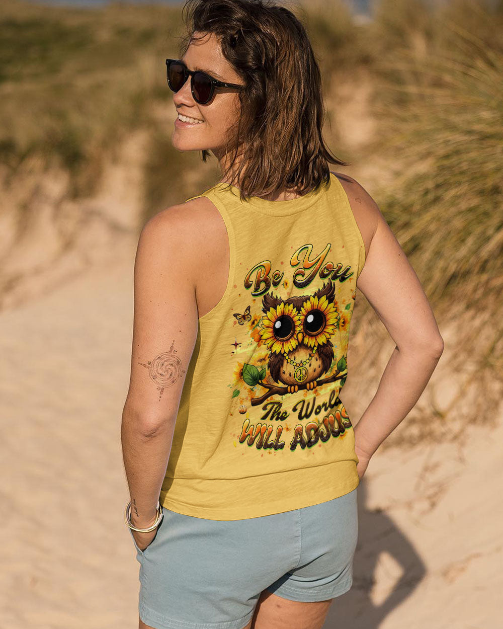 Owl Be You The World Will Adjust Tank Top Sunflower Owl With Peace Sign Presents For Wife