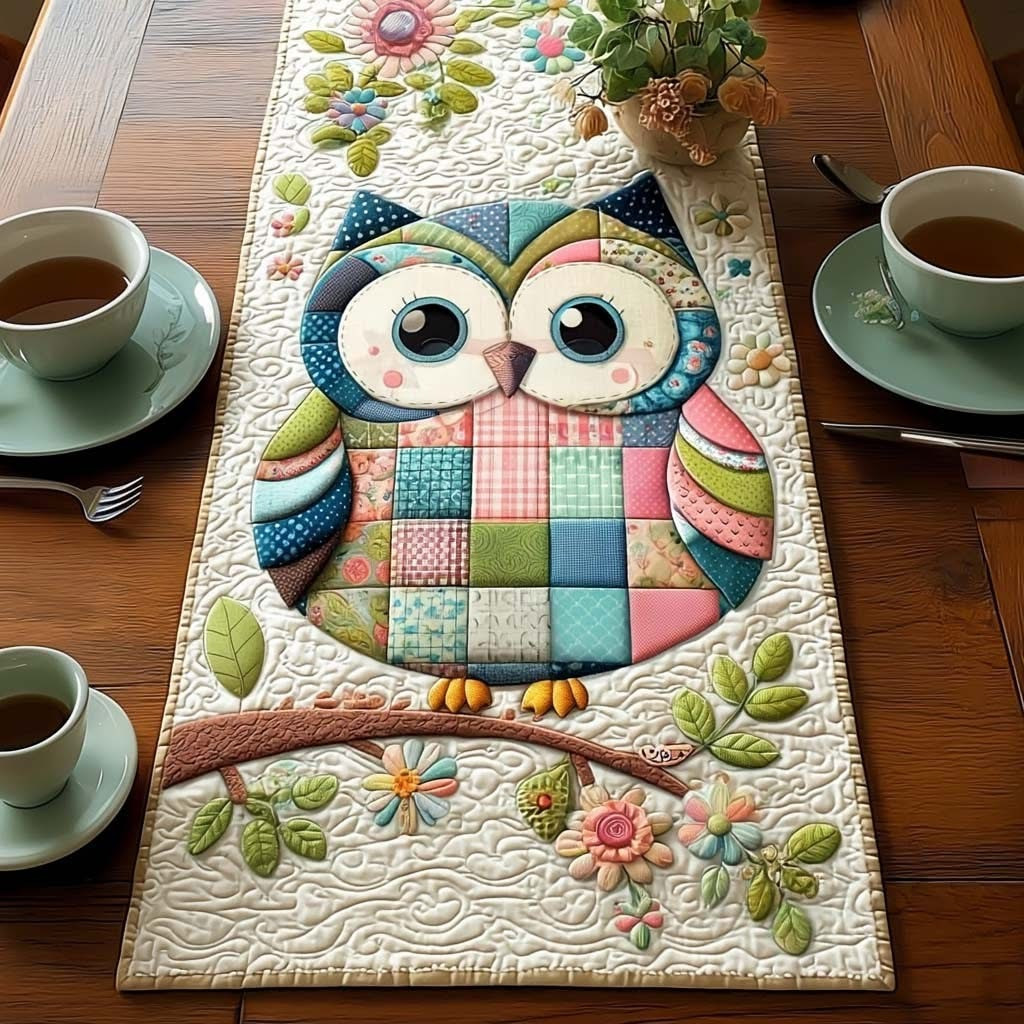 Owl Blossom Pearch Quilted Table Runner Pastel Dining Room Decor Best Gifts For Owl Lovers