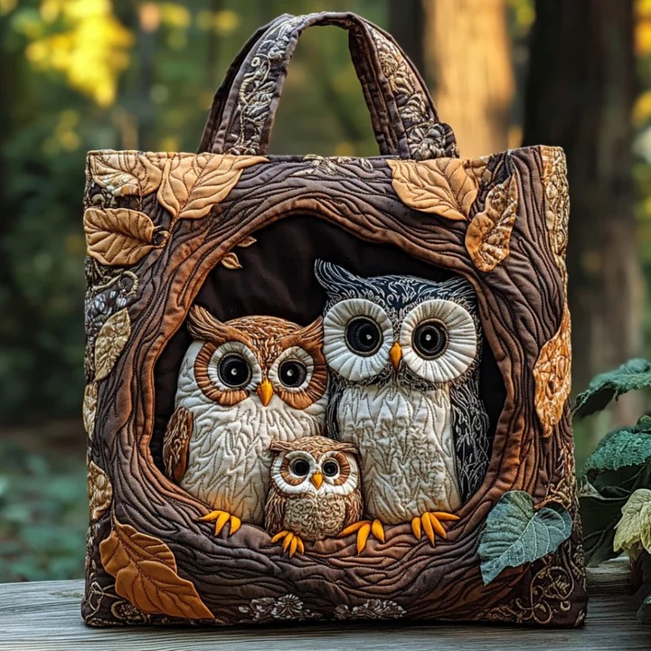 Owl Family Tree Hollow Quilted Tote Bag Bird Lover Wildlife Nature Country Outdoor Gift For Mother