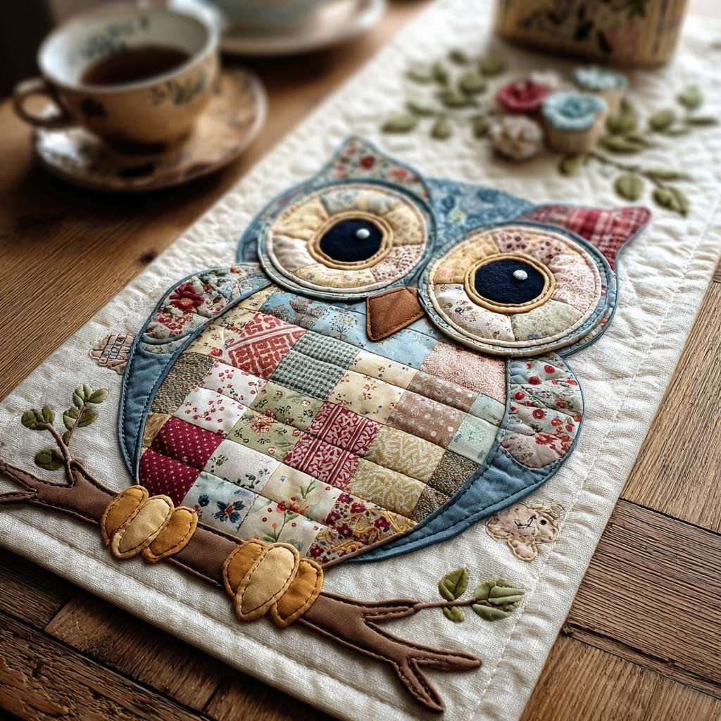 Owl Garden Watcher Quilted Table Runner Cute Dining Room Decor Present For Owl Lovers
