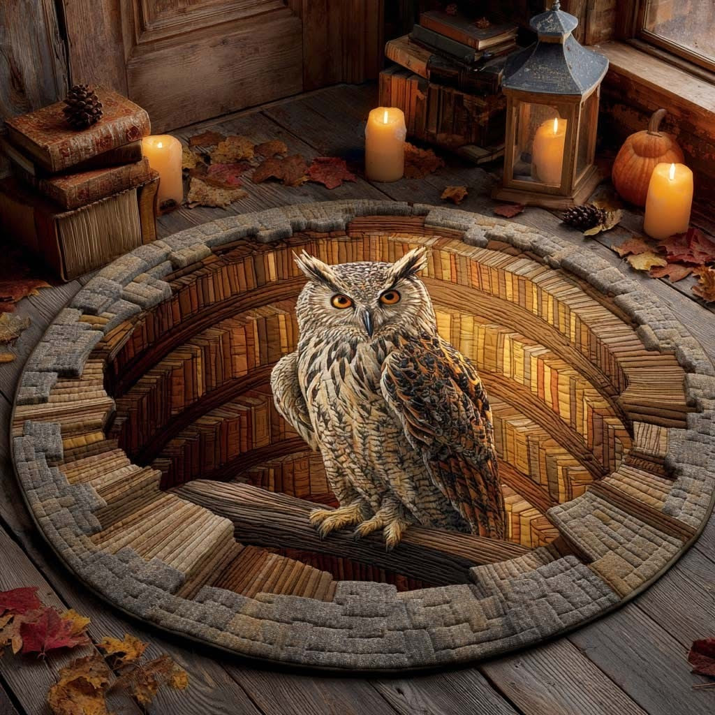 Owl In Library Quilted Round Mat Bookish Bird Mat Living Room Decor Xmas Gift Idea