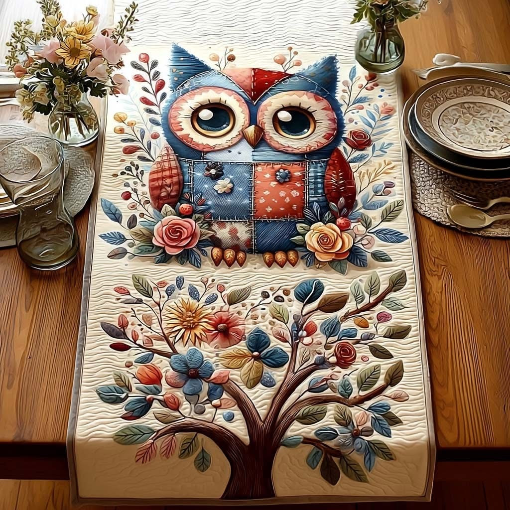 Owl Peaceful Meadow Quilted Table Runner Floral Dining Room Decor Gifts For Owl Lovers