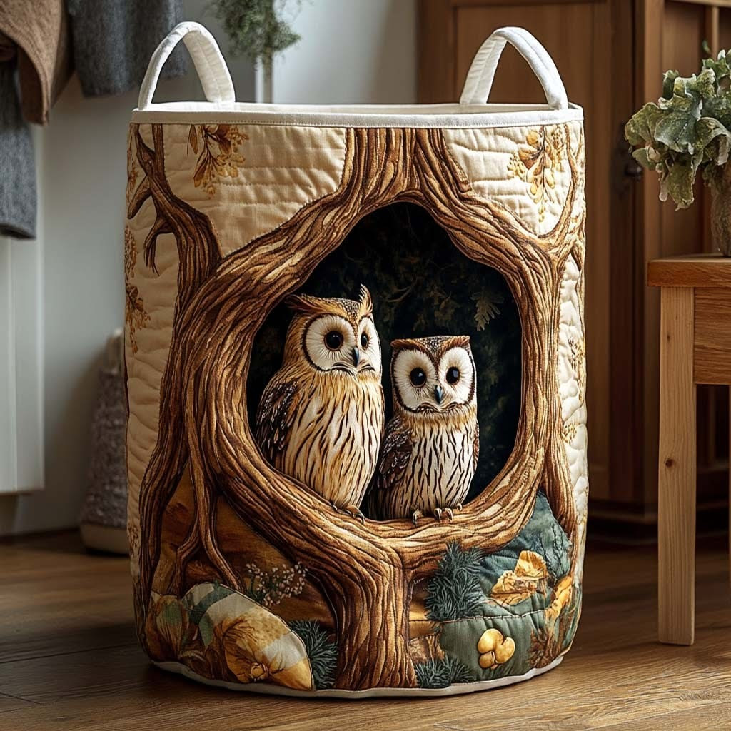 Owls Forest Den Quilted Laundry Basket Rustic Hamper Basket Presents For Owls Lovers