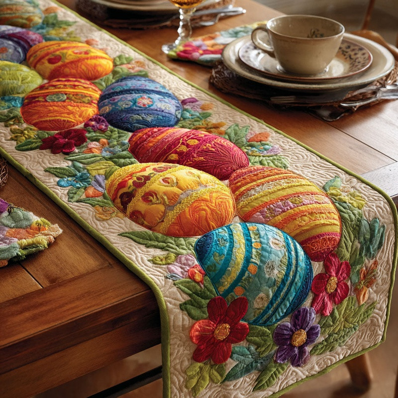 Painted Eggs Quilted Table Runner Easter Colorful Table Decor Best Gift For Easter Lovers