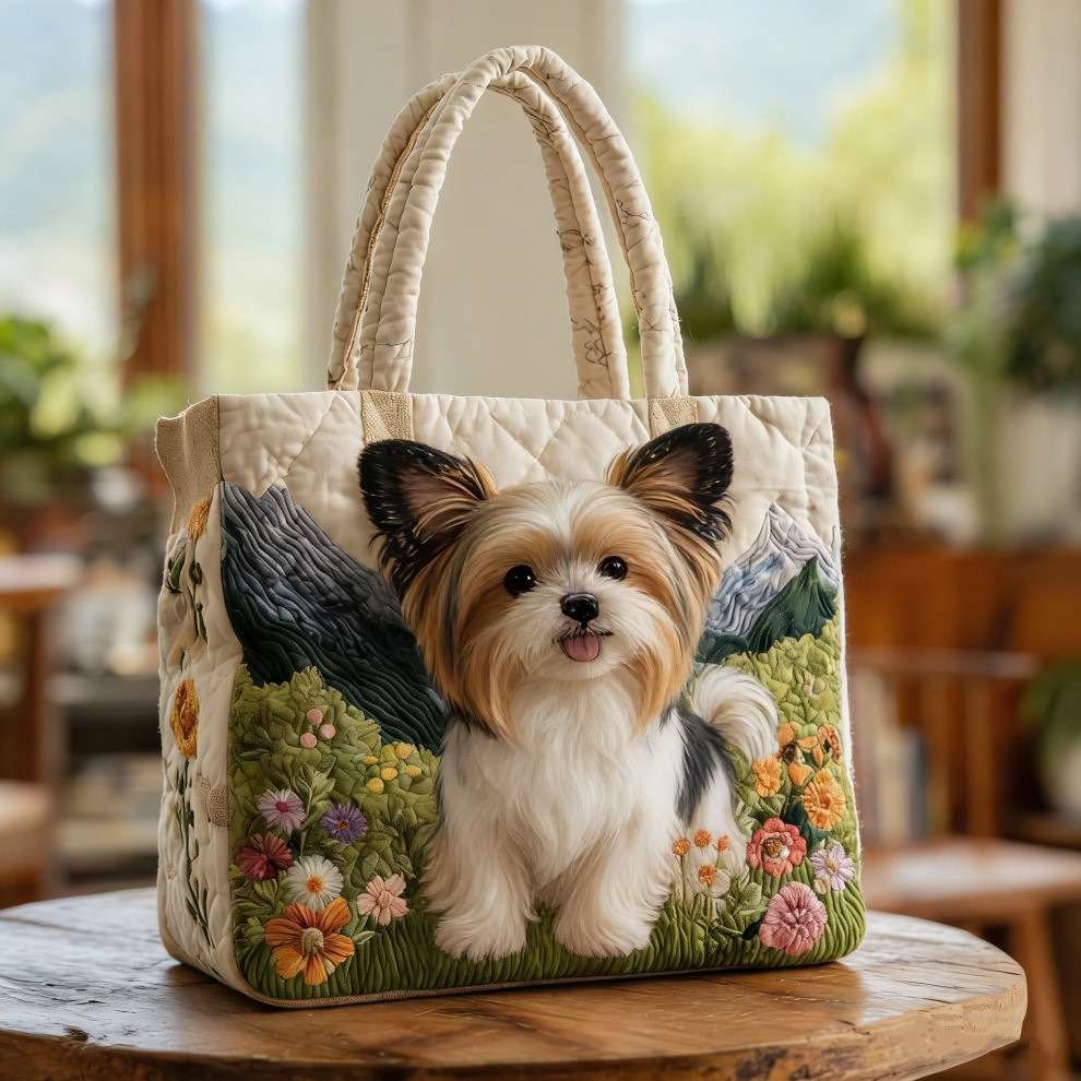 Papillon Quilted Tote Bag Spring Floral Cute Dog Totes Unique Papillon Gifts For Dog Mom