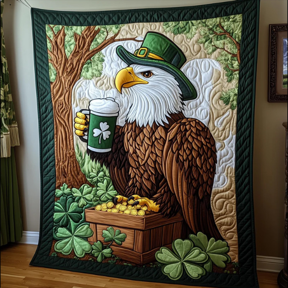 Parot With Green Hat Drink Beer Lucky Money Patrick's Day Quilt Blanket Best Gift For Irish