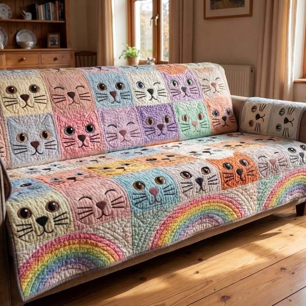 Pastel Cat Rainbow Quilted Sofa Cover Cute Cat Lover Sofa Protector Mother's Day Gifts 2026