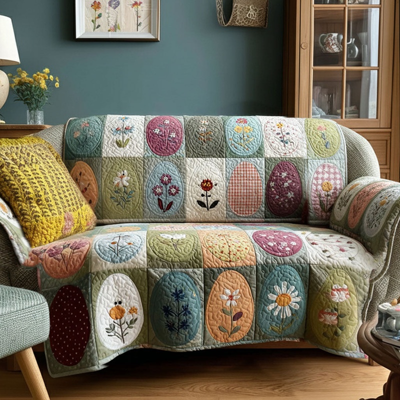 Pastel Egg Meadow Quilted Sofa Cover Easter Spring Decor Gift For Easter Lovers