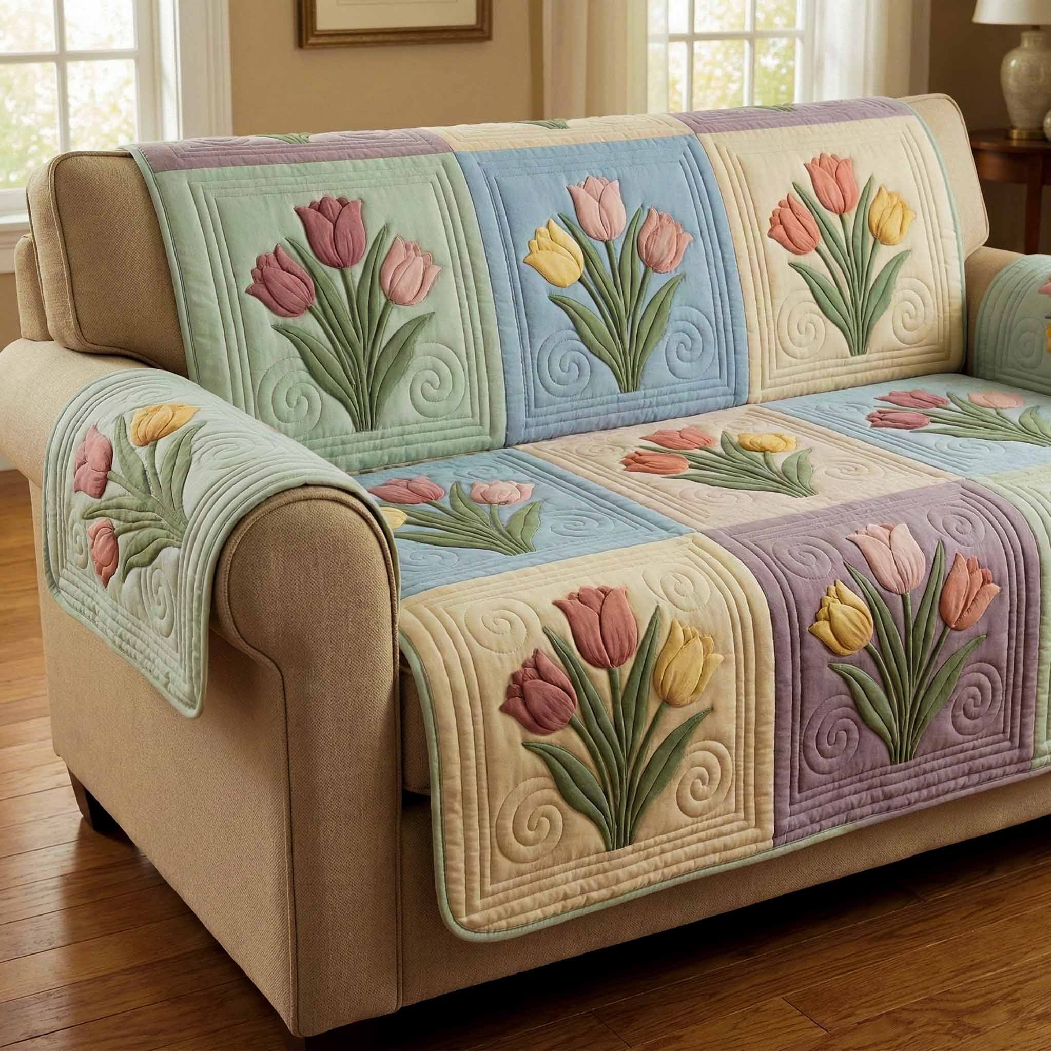 Pastel Tulips Quilted Sofa Cover Elegant Floral Couch Covers Best Gifts For Mom