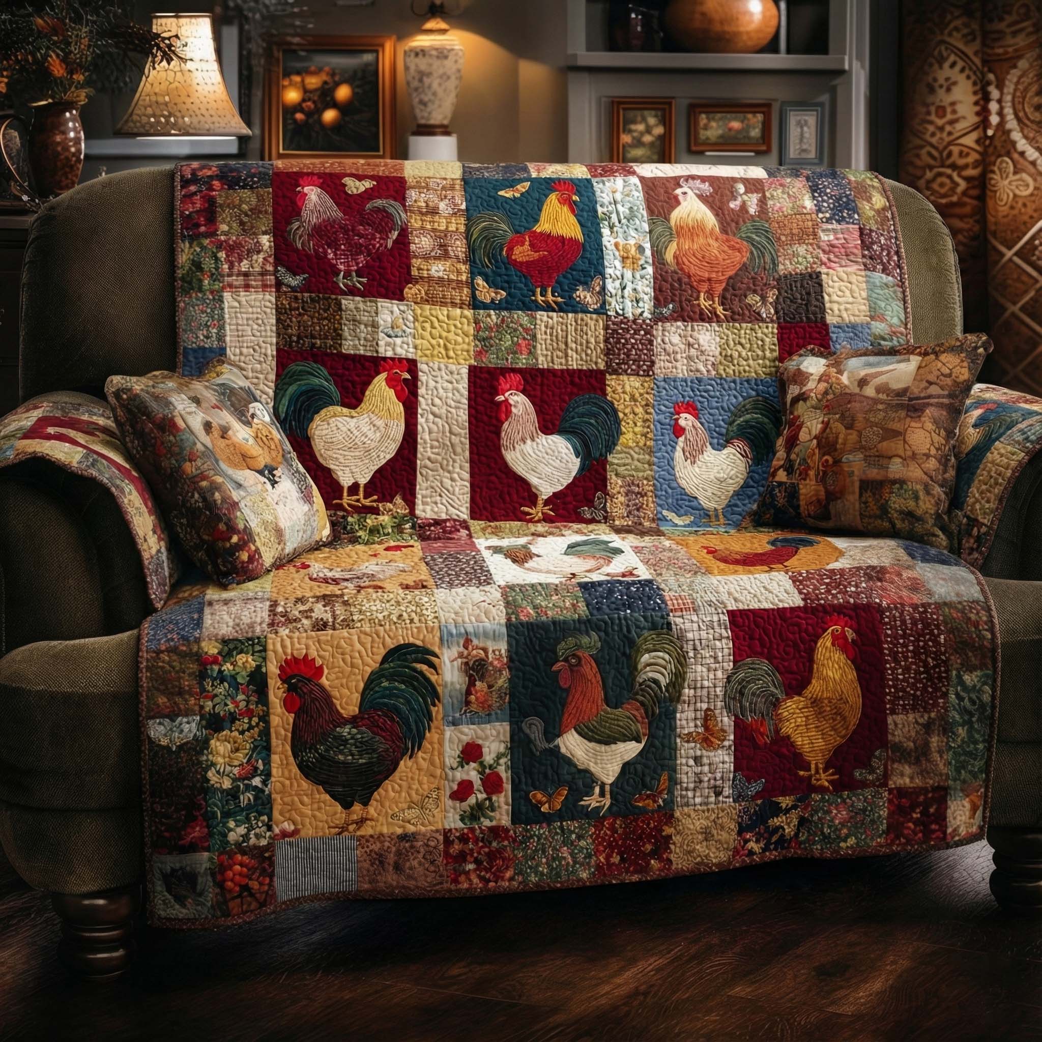 Patchwork Rooster Hearts Quilted Sofa Cover Best Slipcovered Sofas Gifts For Chicken Farmers