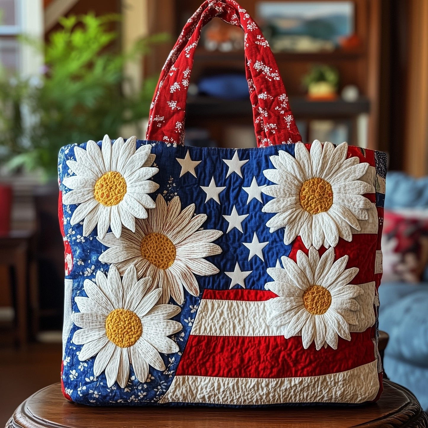 Patriotic Petals Quilted Tote Bag American Floral Shopping Bag Best Gift For Women