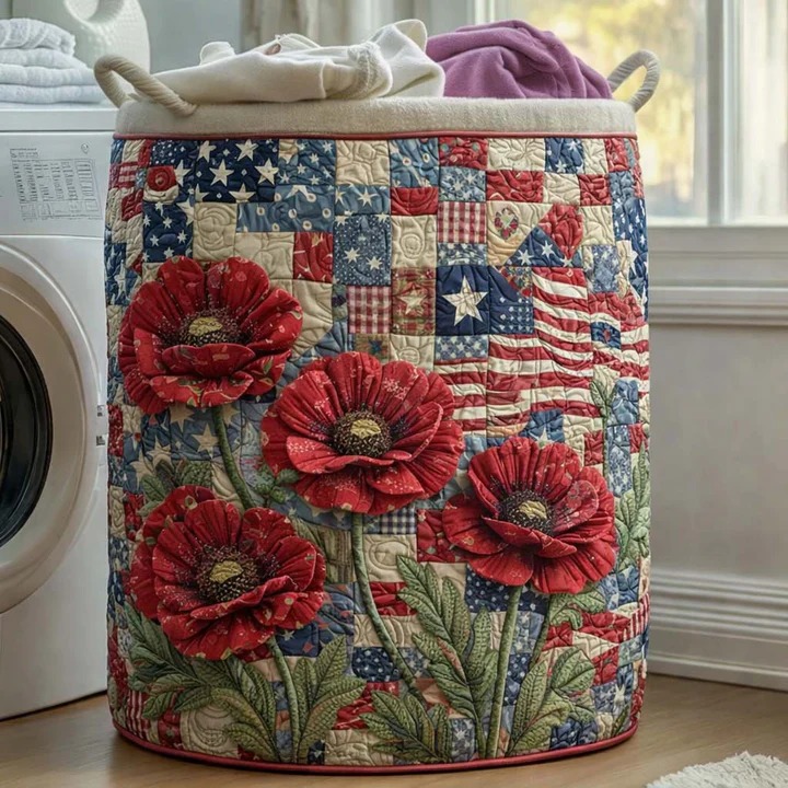 Patriotic Poppy Stars Quilted Laundry Basket American Home Decor Best Gift For Patriot Supporters