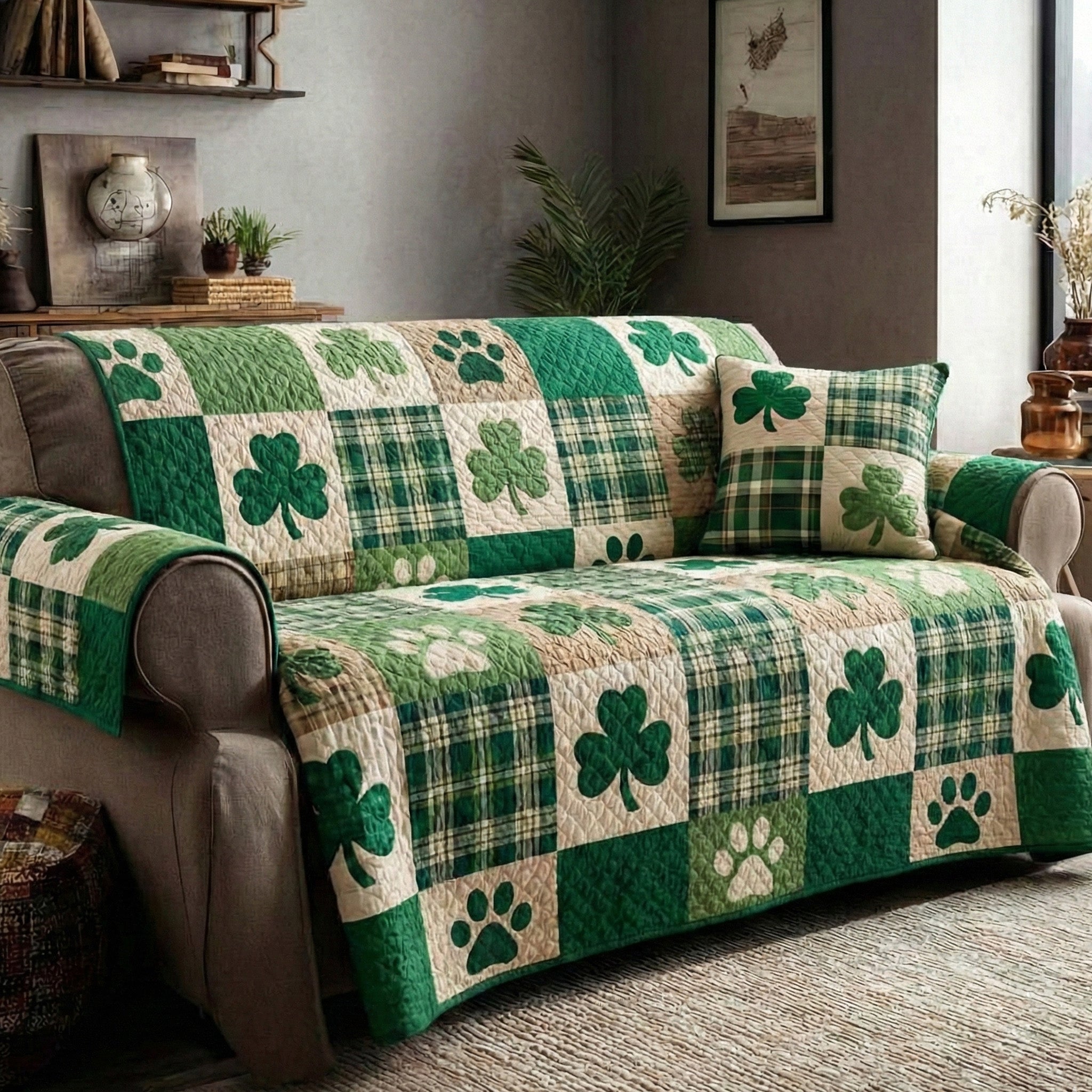 Paw and Clover Quilted Sofa Cover Cool Couch Slipcovers Great Gift For Dog Owners