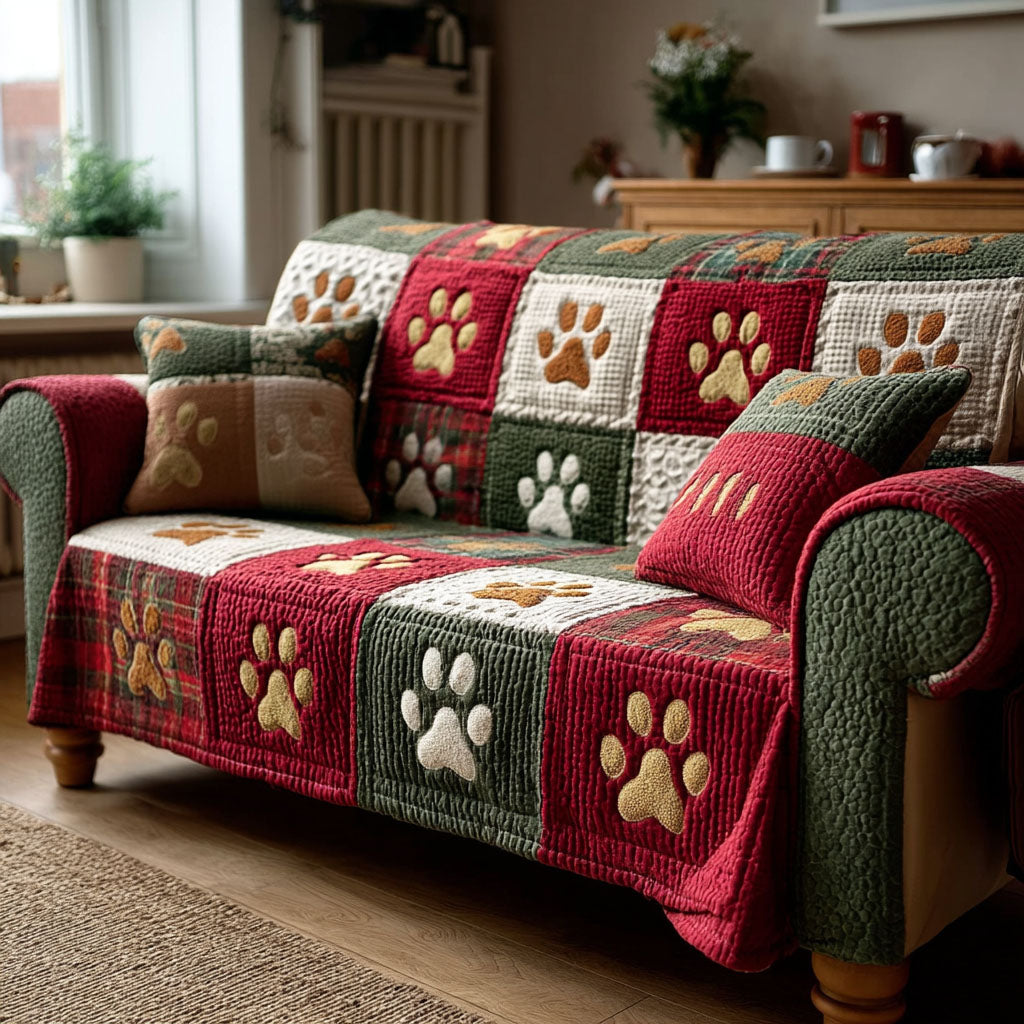 Paw Holiday Quilted Sofa Cover Living Room Decor Gifts Pet Lovers