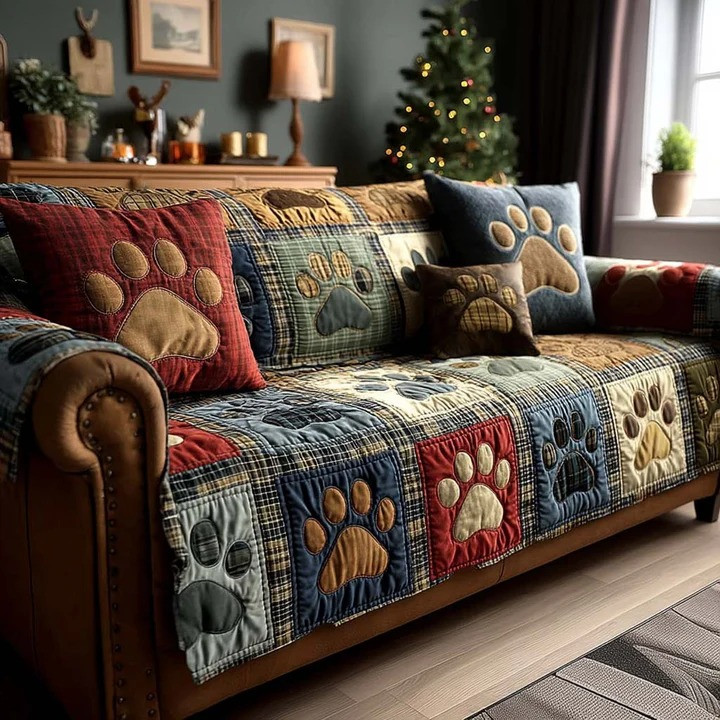 Paw Print Joy Quilted Sofa Cover Colorful Dog Lover Furniture Protector Best Gift For Pet Lovers
