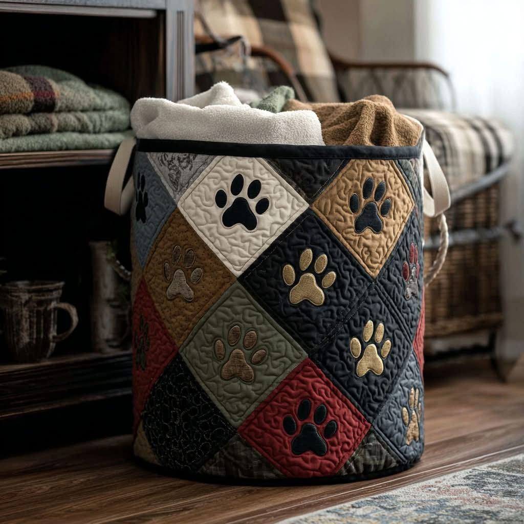 Pawprints Patchwork Quilted Laundry Basket Storage Basket Best Gifts For Dog Lovers