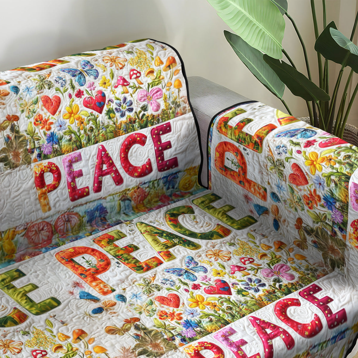 Peace and Love Quilted Sofa Cover Holiday Living Room Decor Best Friend Gifts