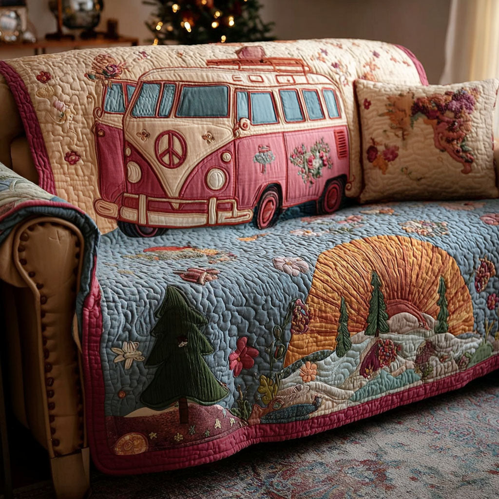 Peace Bus Quilted Sofa Cover Holiday Living Room Decor Hippie Gifts For Women