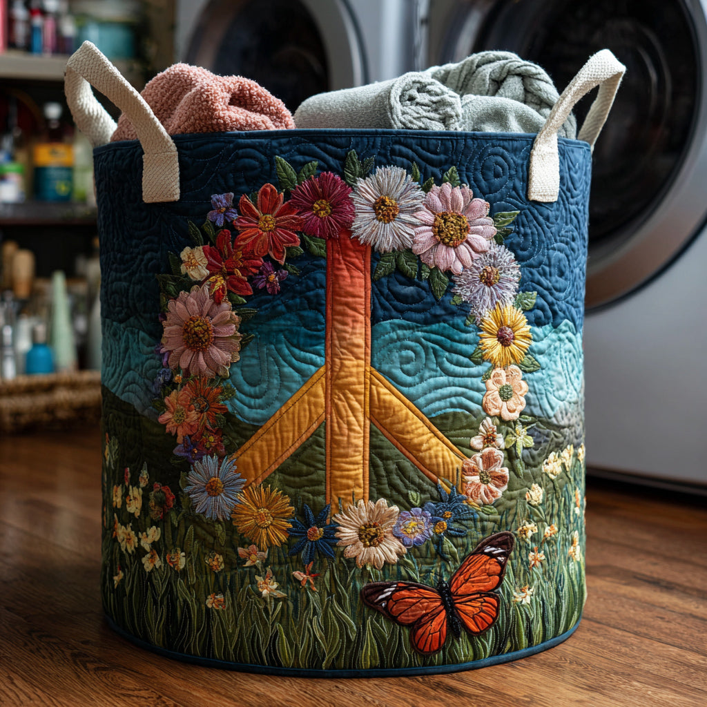 Peace Sign Daisy Field Quilted Laundry Basket Home Comfort Gift Idea Featuring a Quilted Laundry Basket