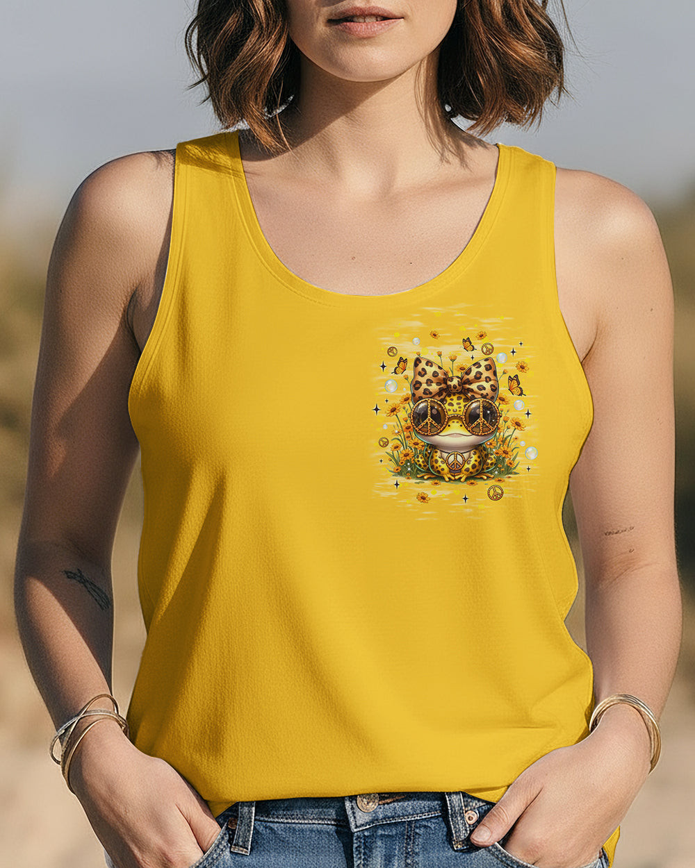 Peace Sign Frog Be You The World Will Adjust Tank Top Frog With Leopard Bow Flower For Women - Image 2