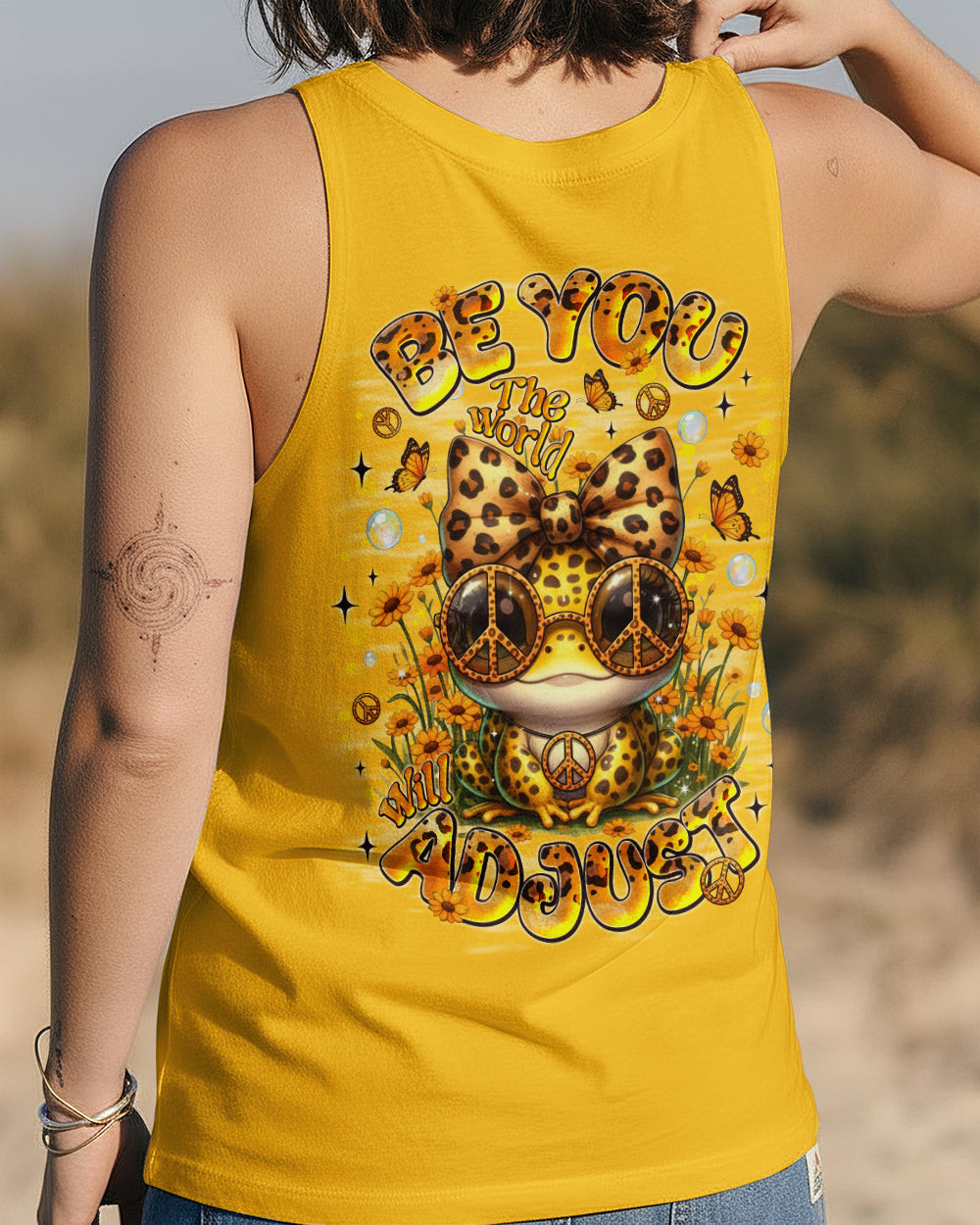 Peace Sign Frog Be You The World Will Adjust Tank Top Frog With Leopard Bow Flower For Women