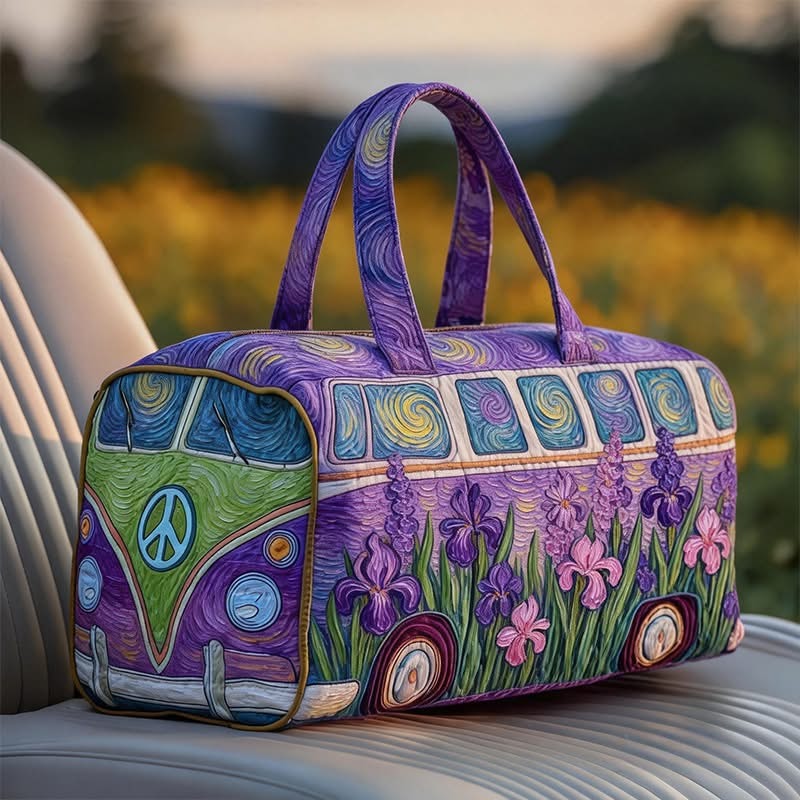 Peace Sign Quilted Duffle Bag Colorful Hippie Travel Bag Gift For Flower Lovers